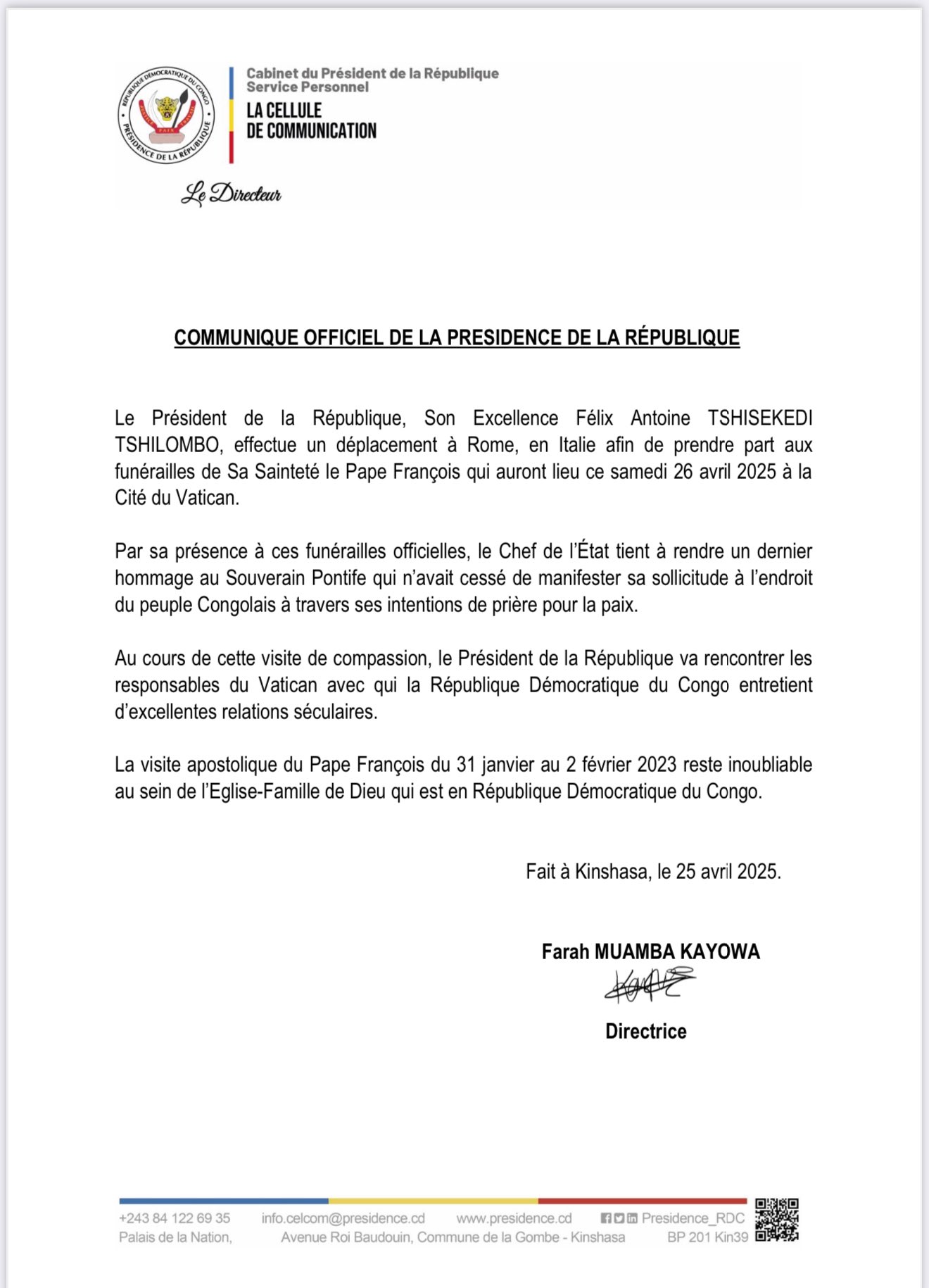 Funérailles du pape : Félix Tshisekedi attendu au Vatican